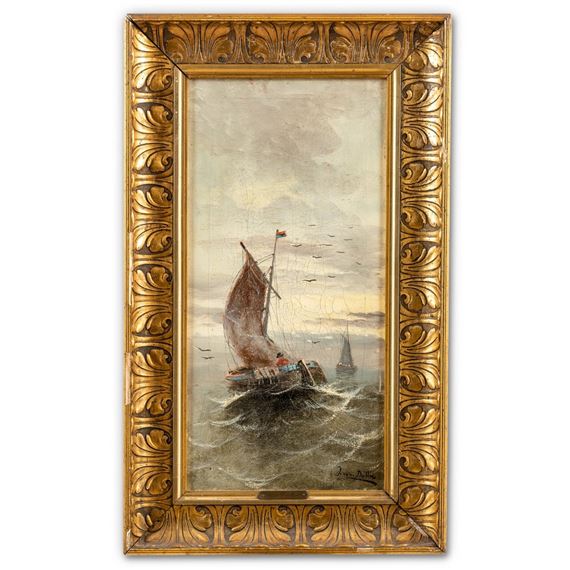 Fischerboote auf bewegter See mit Möwen - J Van Dülln