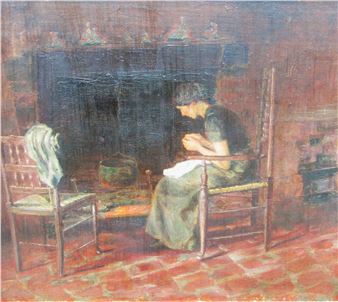 A seated girl warming by the fire - Herbert Fairfax Hitchcox