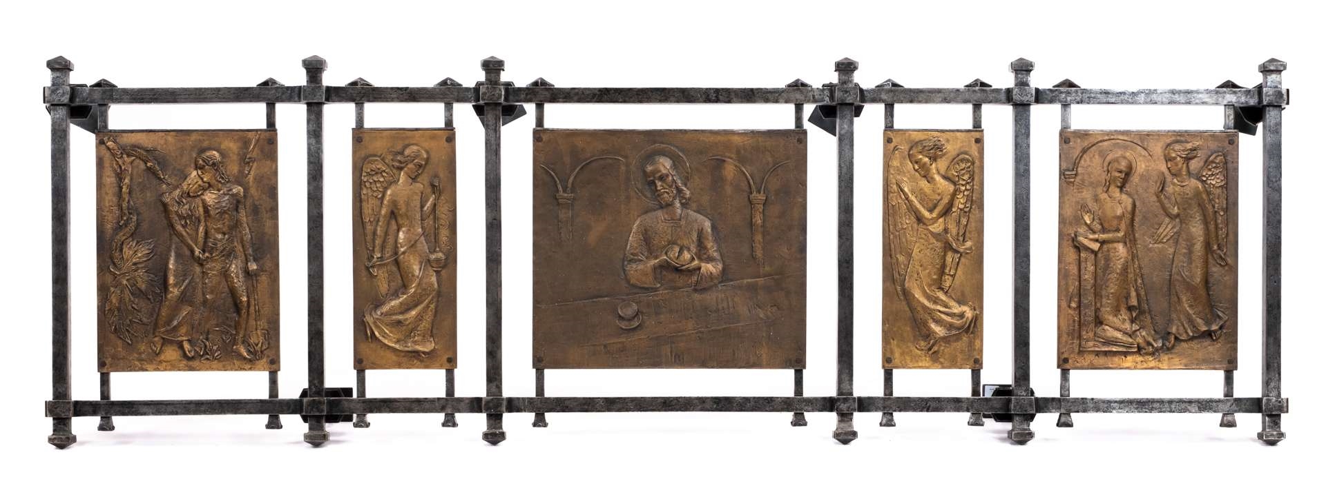 Artwork by Cephas Stauthamer, Representation of Jesus breaking bread at the Last Supper, Made of bronze and wrought-iron screen