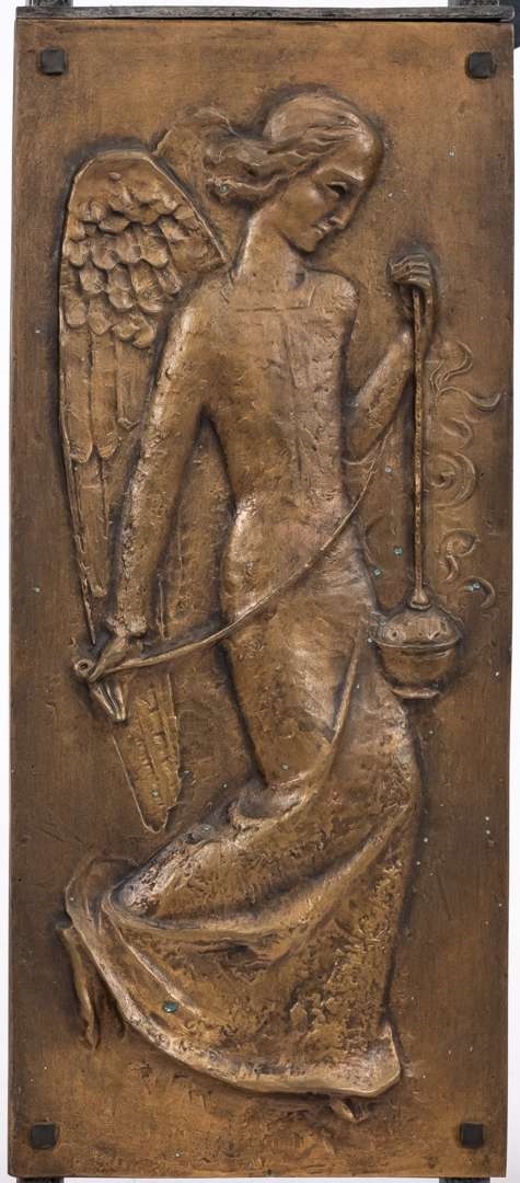 Artwork by Cephas Stauthamer, Representation of Jesus breaking bread at the Last Supper, Made of bronze and wrought-iron screen