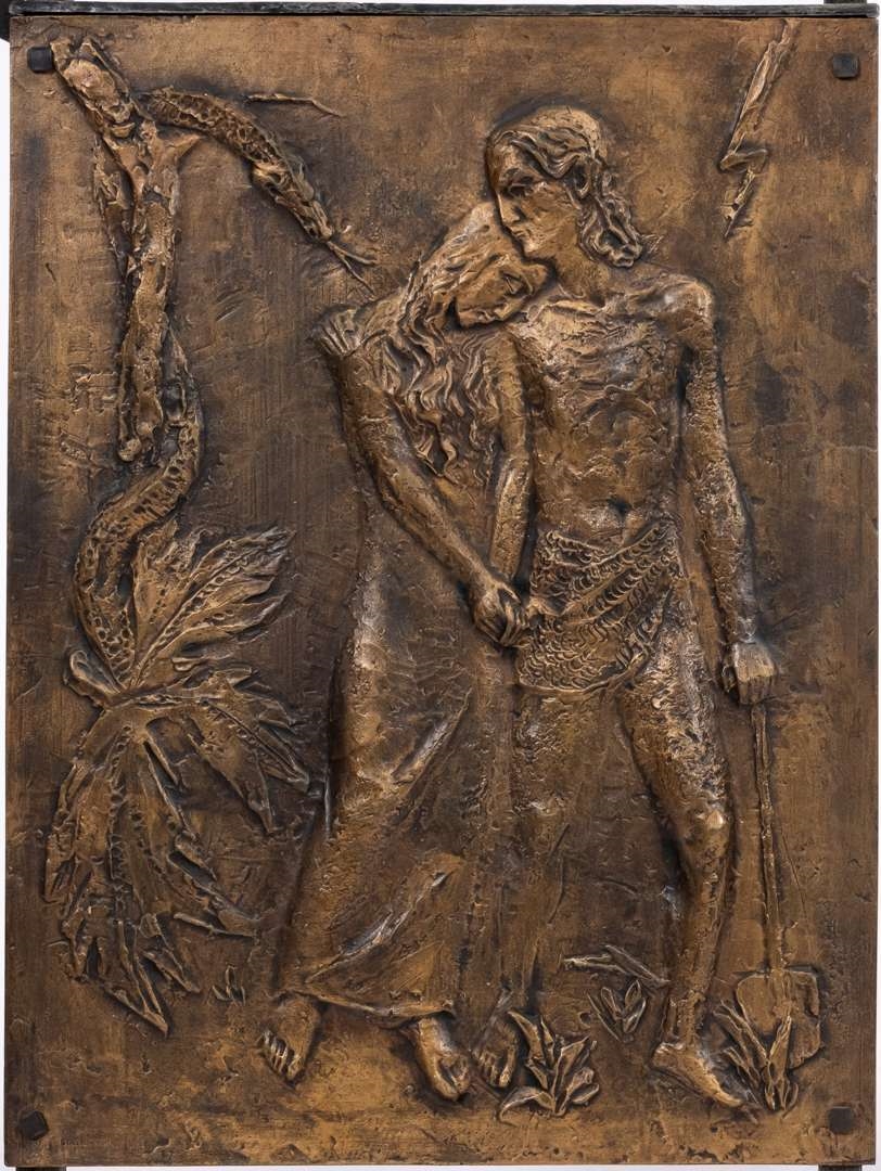 Artwork by Cephas Stauthamer, Representation of Jesus breaking bread at the Last Supper, Made of bronze and wrought-iron screen