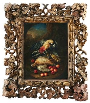 Still life with a patridge, a yellow-hammer and a pied woodpecker with cherries in a landscape (in painted oval) - Alessandro Gori