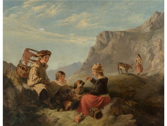 A pastoral scene of a family resting in the mountains with a dog and a cow.