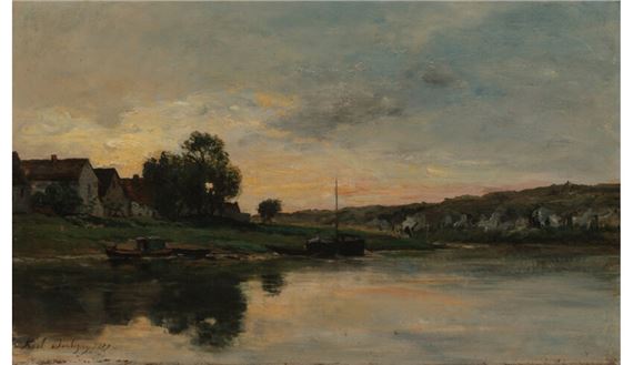 Seaside village with docked boats by Karl Pierre Daubigny, 1879