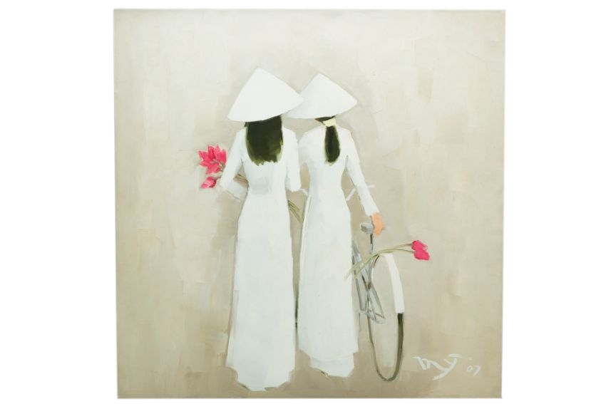 Artwork by Ha Huynh My, SCHOOLGIRLS WITH BICYCLE, Made of Oil on canvas