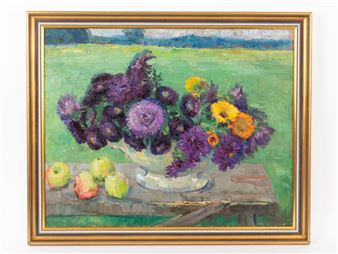 Flower arrangement of various types of flowers standing on a table with 4 apples next to them - Klaus Werner