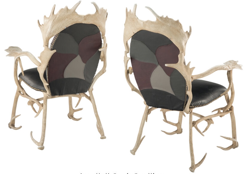 Artwork by Arthur Court, Pair of Antler Chairs, Made of Cast aluminum, leather