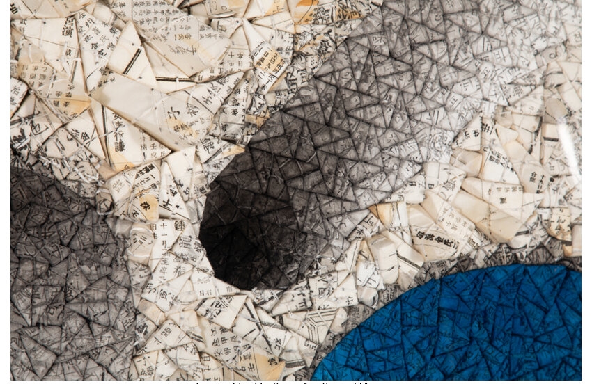 Artwork by Chun Kwang-Young, Aggregation 08-D079 (Blue & Red), Made of Korean Mulberry paper on panel