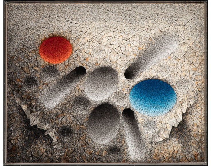 Artwork by Chun Kwang-Young, Aggregation 08-D079 (Blue & Red), Made of Korean Mulberry paper on panel
