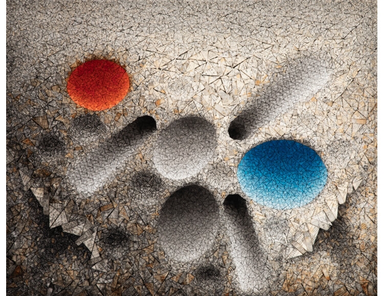 Artwork by Chun Kwang-Young, Aggregation 08-D079 (Blue & Red), Made of Korean Mulberry paper on panel