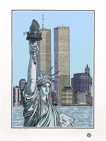 A graphic illustration of a statue holding a torch in front of a city skyline with twin skyscrapers.