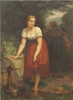 A pastoral scene featuring a woman in traditional dress leaning on a stone wall beside a water pump, with another figure in the background.