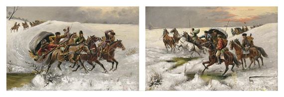 Ein Paar Gemälde: Schlitten und Reiter im Schnee - Adolf Rylski