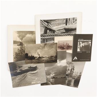 A varied lot of seven original black and white photographs depicting scenes in the port of Antwerp (including Linkeroever, Het Steen, mooring pole, cranes, Scheldt bend) - Jozef Emiel Borrenbergen