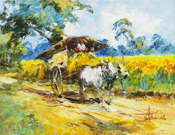 Country Landscape with Ox Cart by Agus Subandi