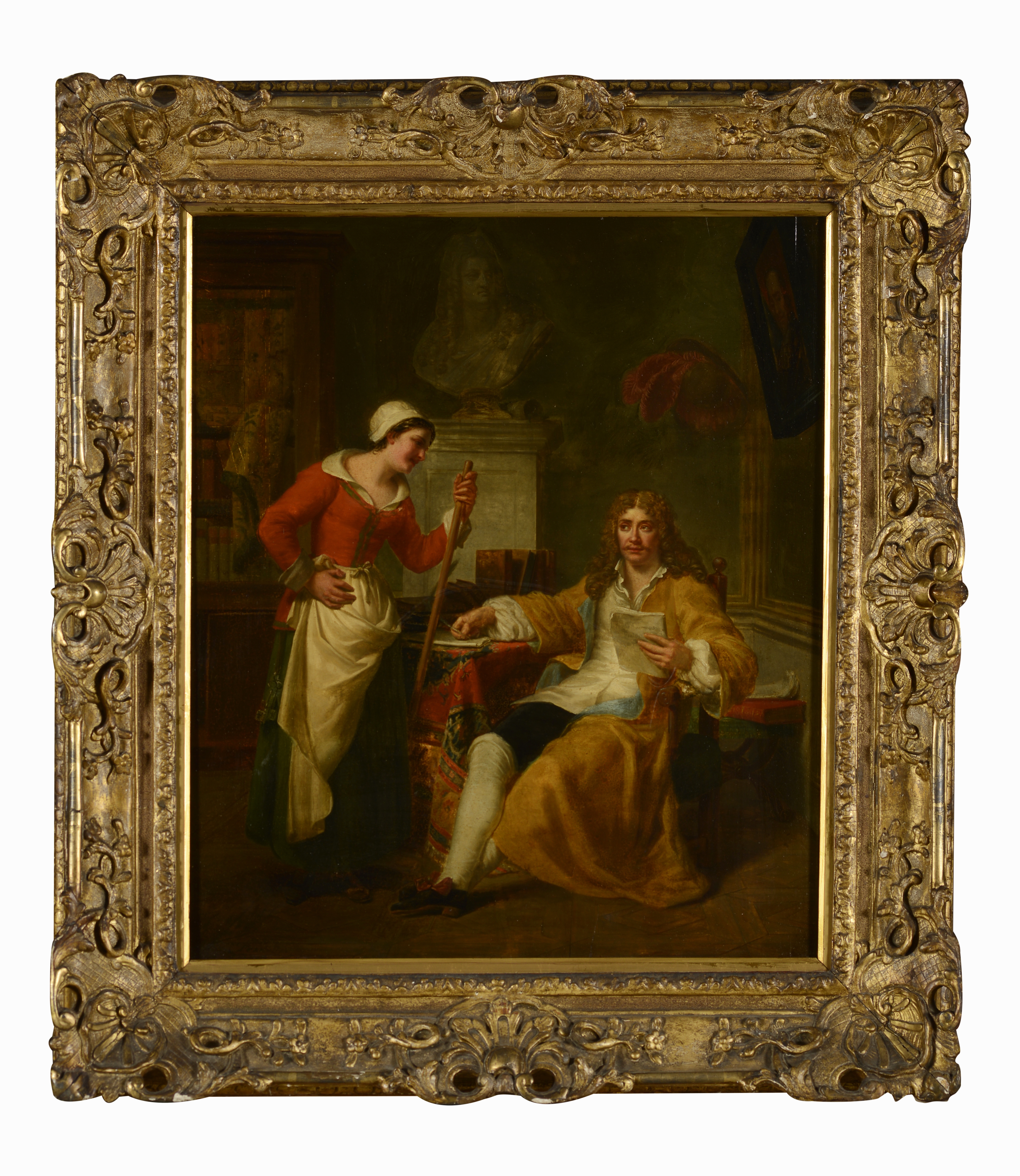 Artwork by Henri-Jean Baptiste Victoire Fradelle, The poet Molière and the maid, Made of Oil on board