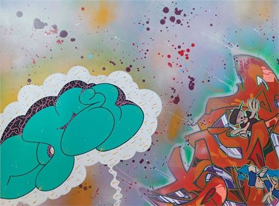 & TKID 170 (1961) Sans titre, 2010 Aérosol, acrylique et marqueur sur toile Signé par les deux artistes et daté au dos On notera une déchirure longitudinale de 3 cm dans le haut de la toile 76 x 101 cm by John Calabro, 2010