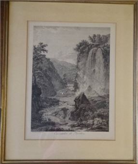 A framed black-and-white landscape print of a rocky gorge with a waterfall.