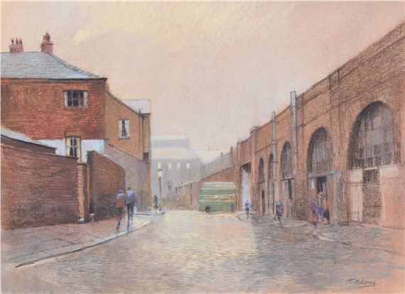 Manchester street scene with a bus and figures by Tom Brown