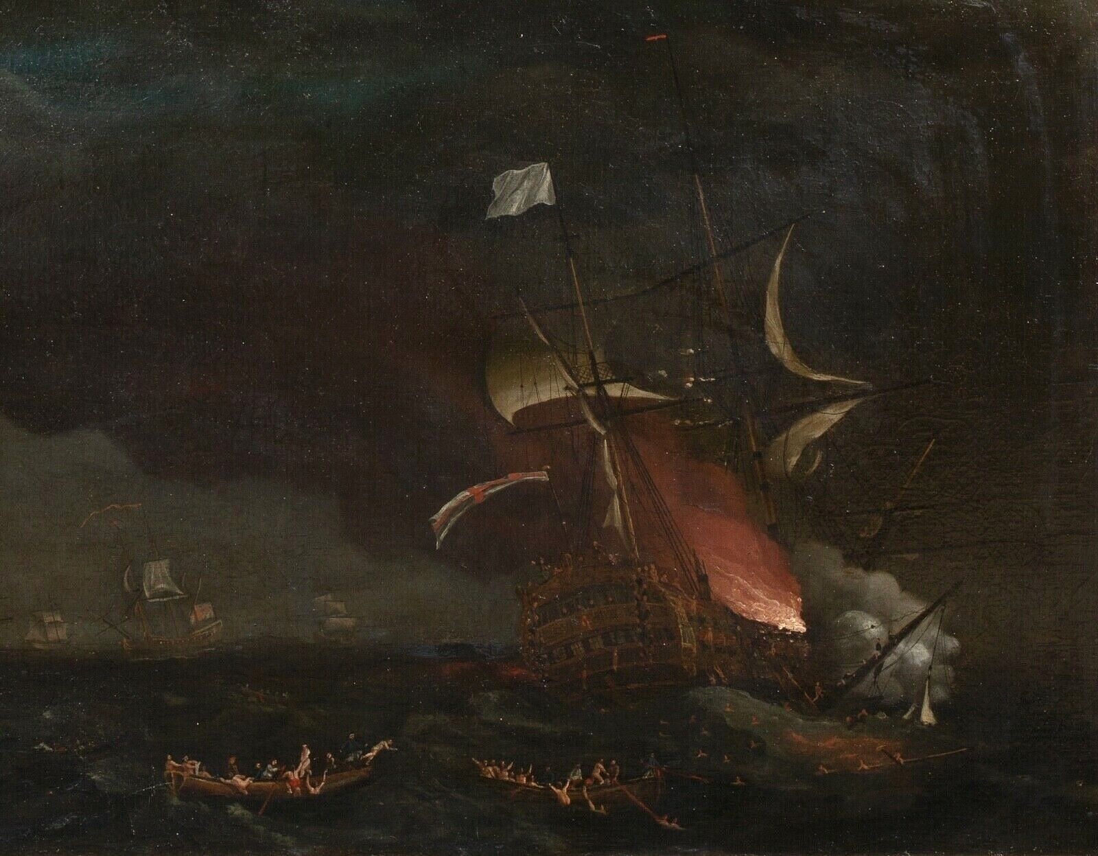 Artwork by Francis Holman, Francis Swaine, HMS PRINCE GEORGE BURNING AT THE BAY OF BISCAY OIL PAINTING, Made of Oil on canvas