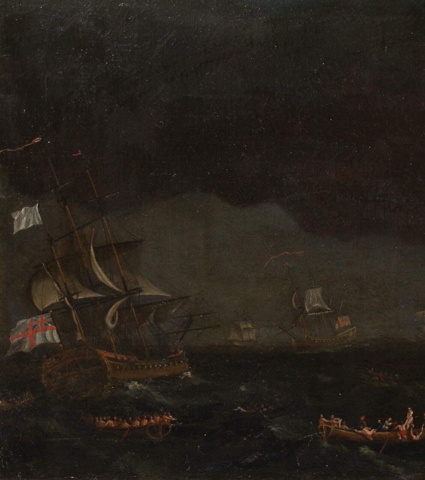 Artwork by Francis Holman, Francis Swaine, HMS PRINCE GEORGE BURNING AT THE BAY OF BISCAY OIL PAINTING, Made of Oil on canvas