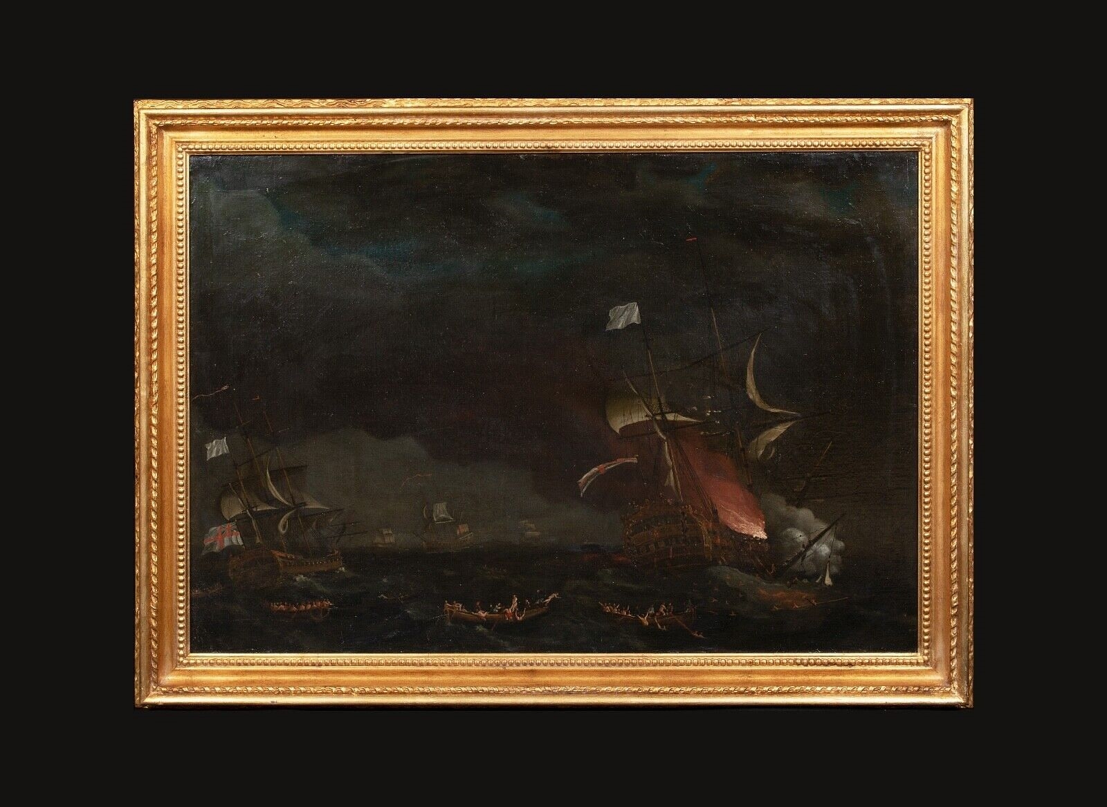 Artwork by Francis Holman, Francis Swaine, HMS PRINCE GEORGE BURNING AT THE BAY OF BISCAY OIL PAINTING, Made of Oil on canvas