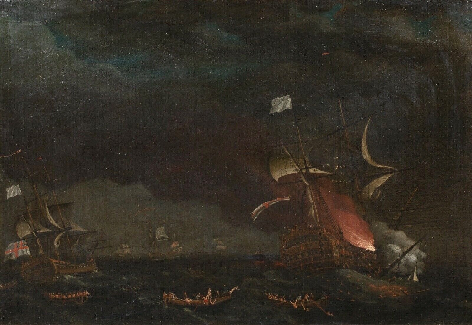 Artwork by Francis Holman, Francis Swaine, HMS PRINCE GEORGE BURNING AT THE BAY OF BISCAY OIL PAINTING, Made of Oil on canvas