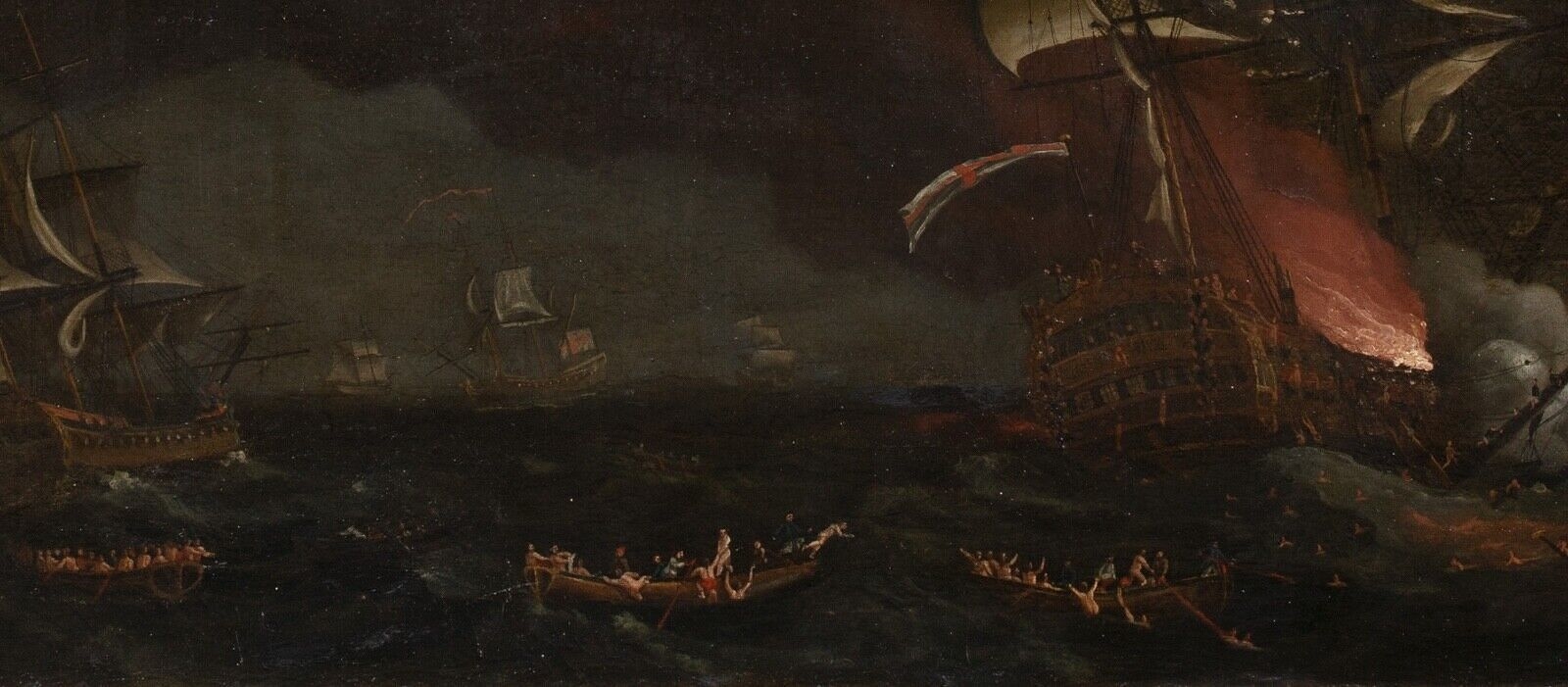 Artwork by Francis Holman, Francis Swaine, HMS PRINCE GEORGE BURNING AT THE BAY OF BISCAY OIL PAINTING, Made of Oil on canvas