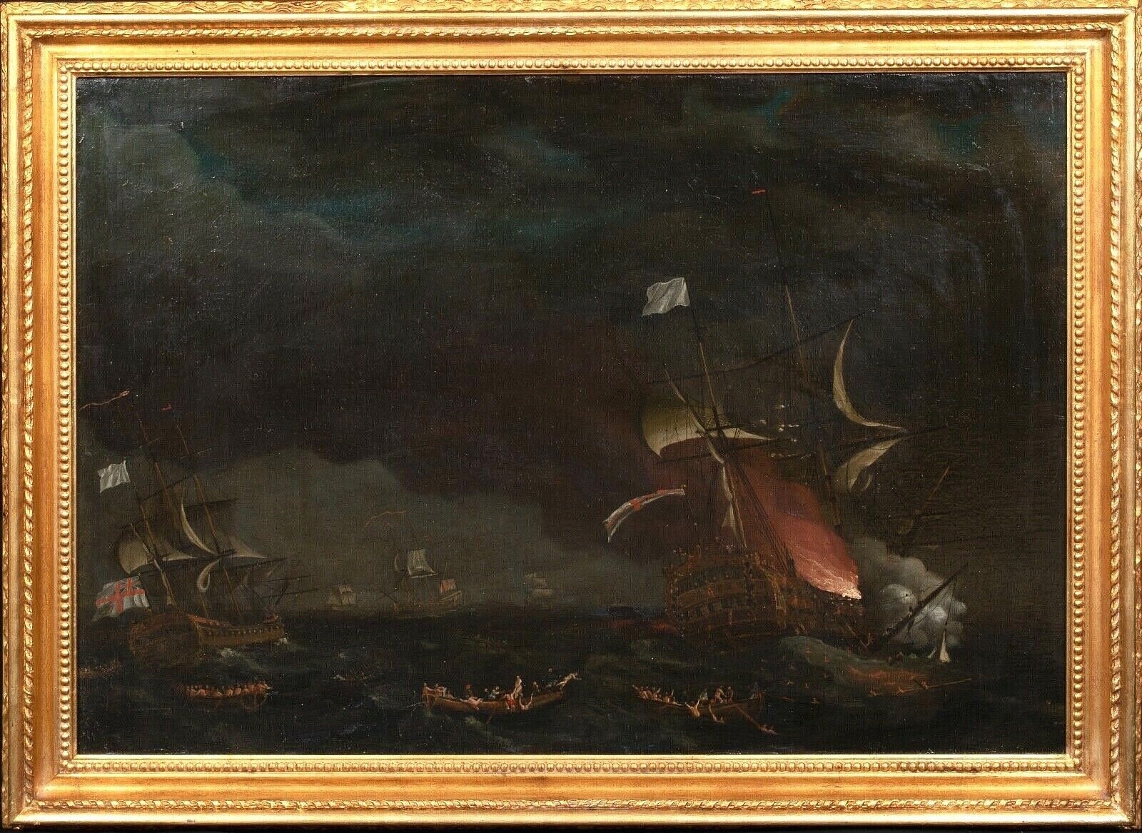Artwork by Francis Holman, Francis Swaine, HMS PRINCE GEORGE BURNING AT THE BAY OF BISCAY OIL PAINTING, Made of Oil on canvas