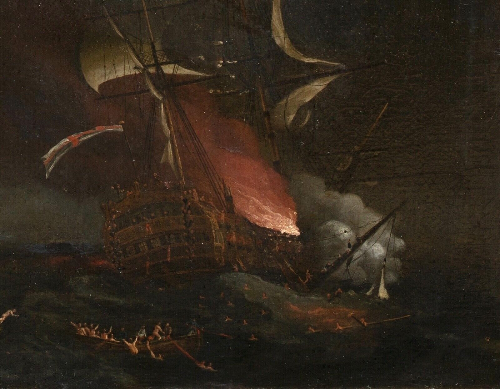 Artwork by Francis Holman, Francis Swaine, HMS PRINCE GEORGE BURNING AT THE BAY OF BISCAY OIL PAINTING, Made of Oil on canvas