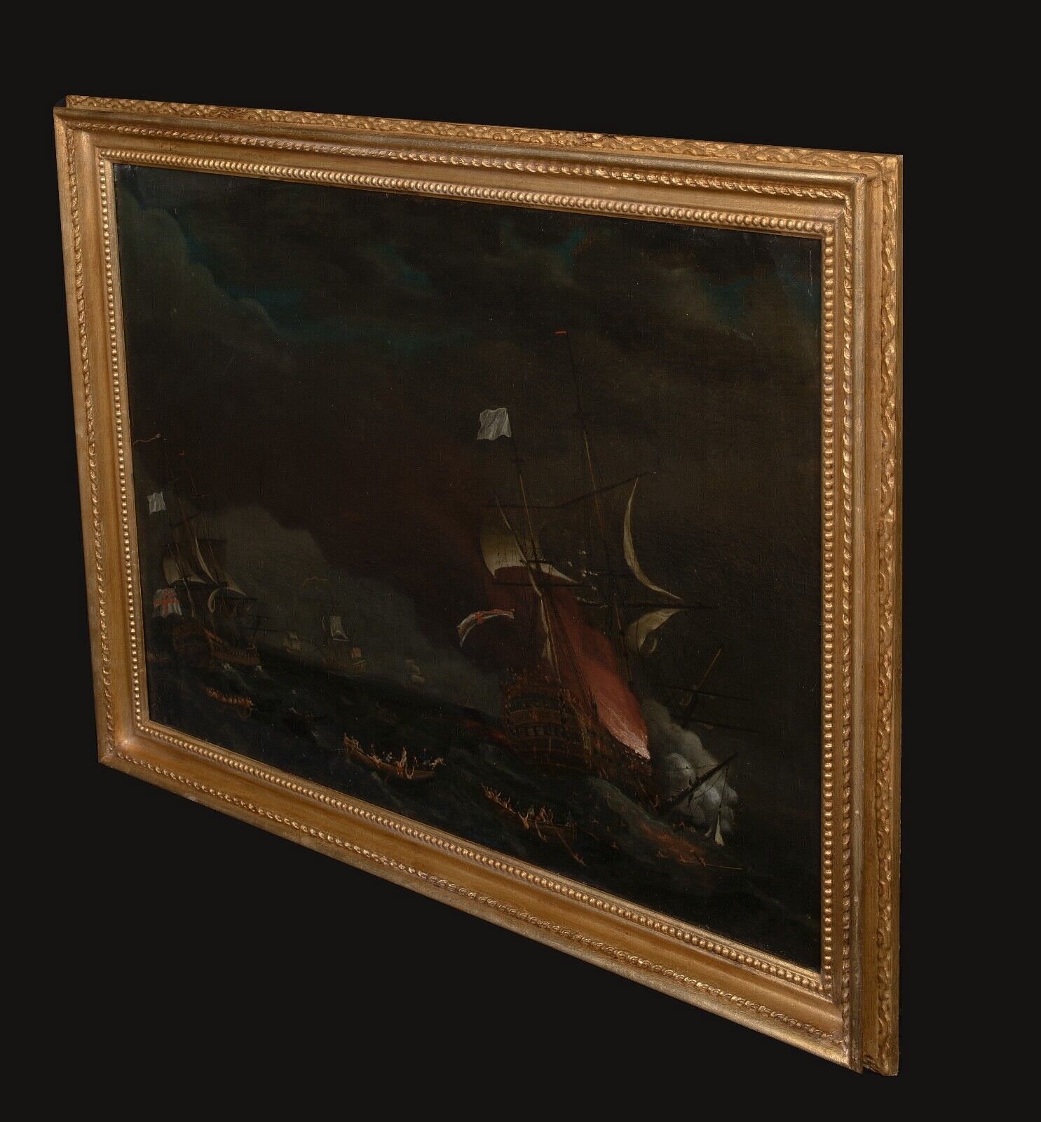 Artwork by Francis Holman, Francis Swaine, HMS PRINCE GEORGE BURNING AT THE BAY OF BISCAY OIL PAINTING, Made of Oil on canvas