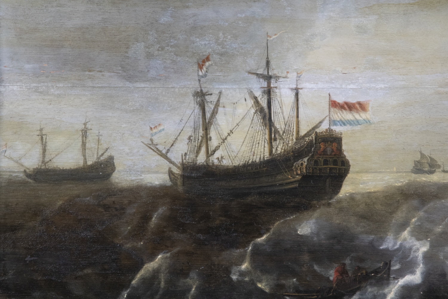 Artwork by Ludolf Backhuysen I, Seascape with Dutch Warships, the center ship is stepping new top-masts, Made of oil on mitered mahogany panel