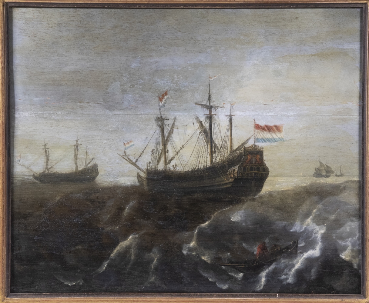 Artwork by Ludolf Backhuysen I, Seascape with Dutch Warships, the center ship is stepping new top-masts, Made of oil on mitered mahogany panel