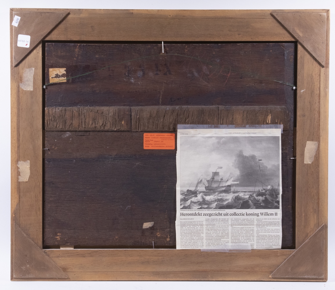 Artwork by Ludolf Backhuysen I, Seascape with Dutch Warships, the center ship is stepping new top-masts, Made of oil on mitered mahogany panel