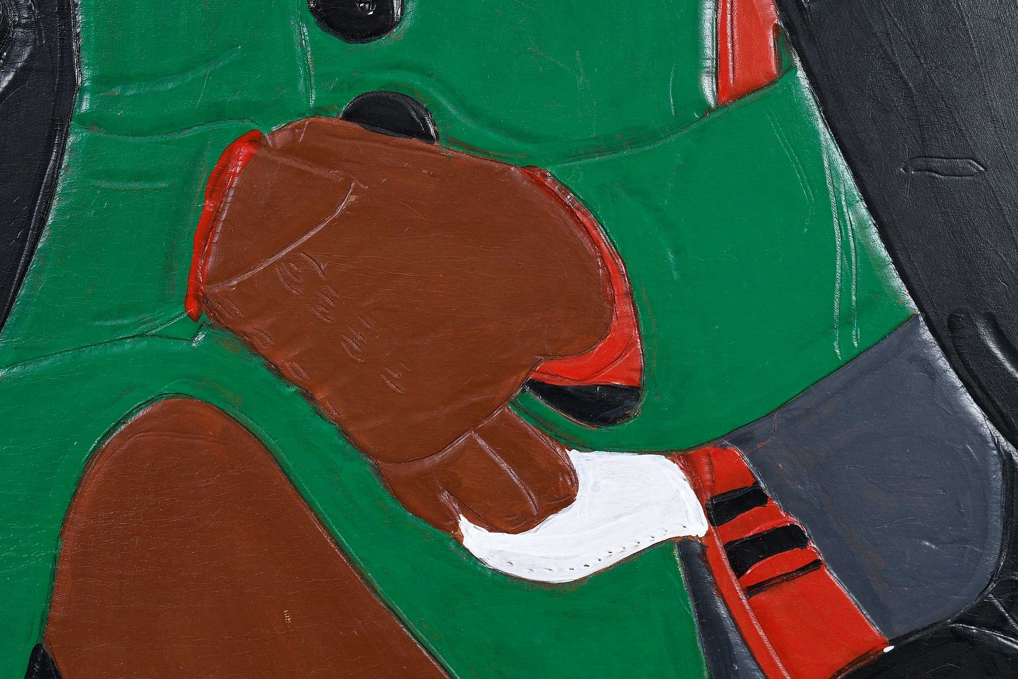 Artwork by Winfred Rembert, Patsy's Mother (Red and Green), Made of dye on carved and tooled leather,