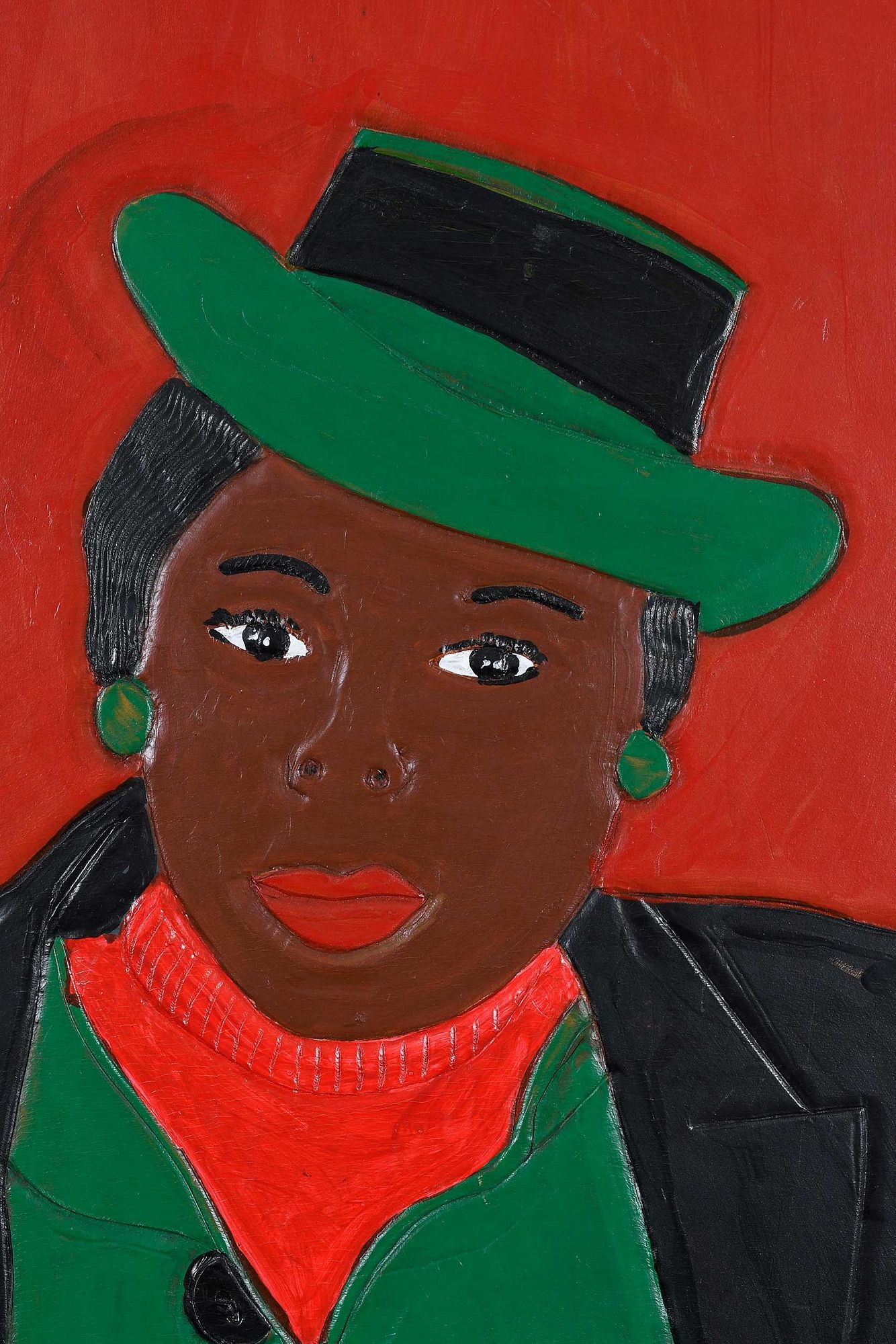 Artwork by Winfred Rembert, Patsy's Mother (Red and Green), Made of dye on carved and tooled leather,