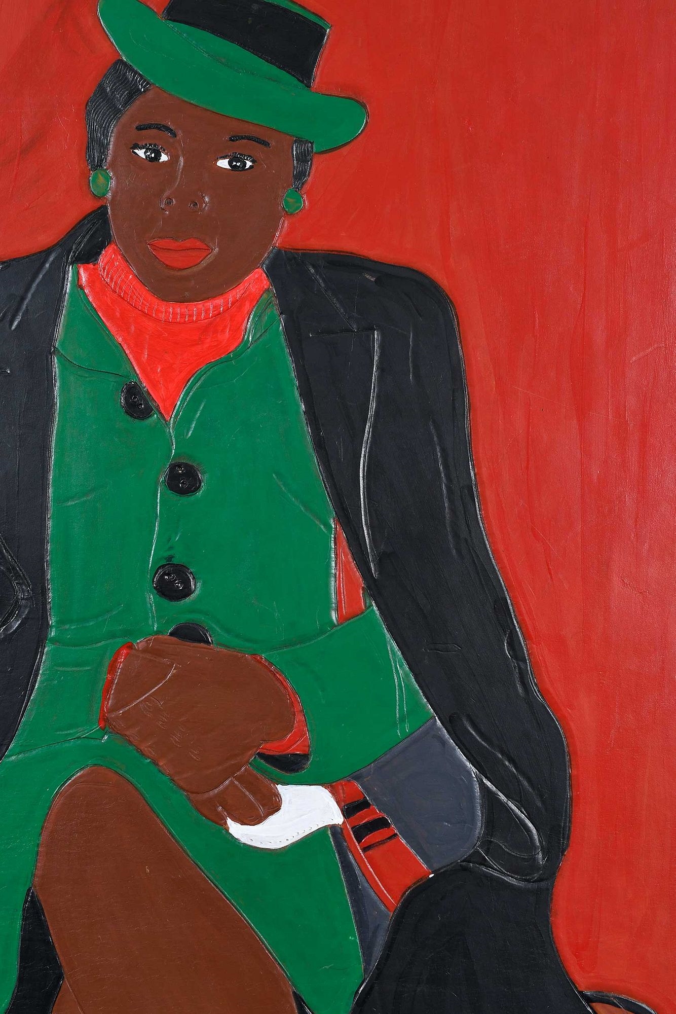 Artwork by Winfred Rembert, Patsy's Mother (Red and Green), Made of dye on carved and tooled leather,