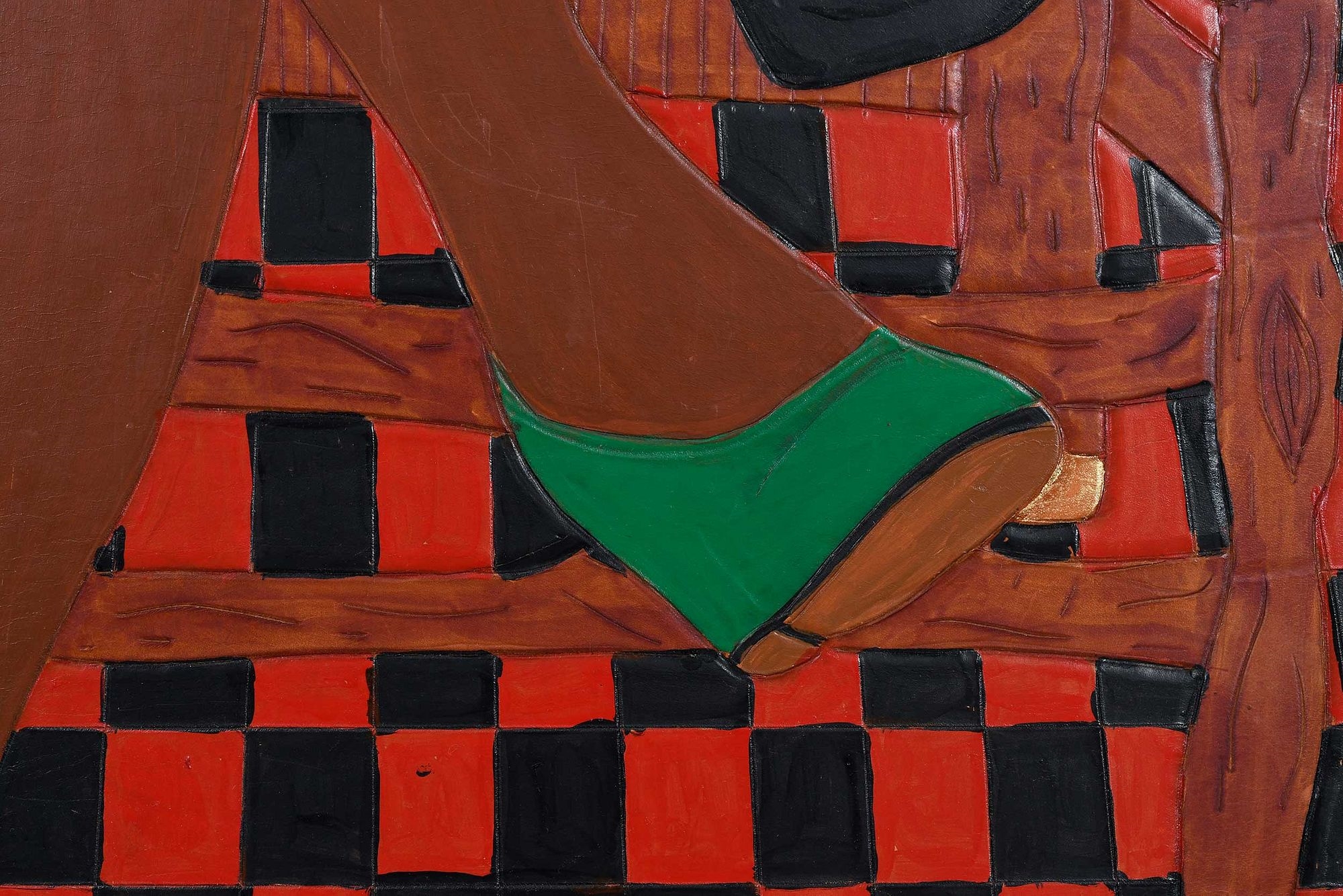 Artwork by Winfred Rembert, Patsy's Mother (Red and Green), Made of dye on carved and tooled leather,
