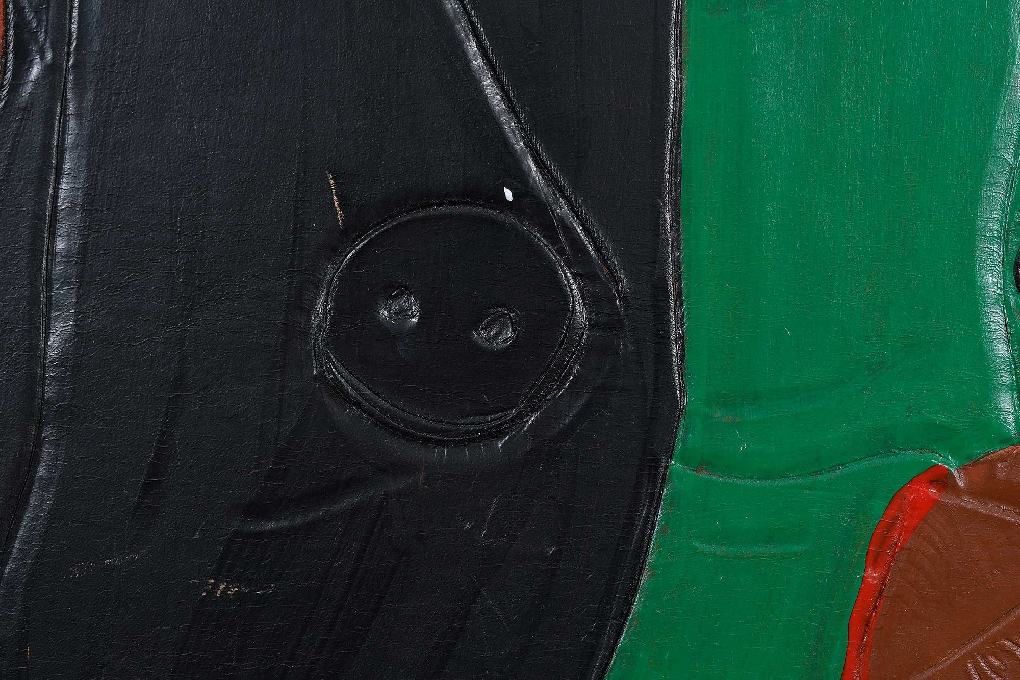 Artwork by Winfred Rembert, Patsy's Mother (Red and Green), Made of dye on carved and tooled leather,