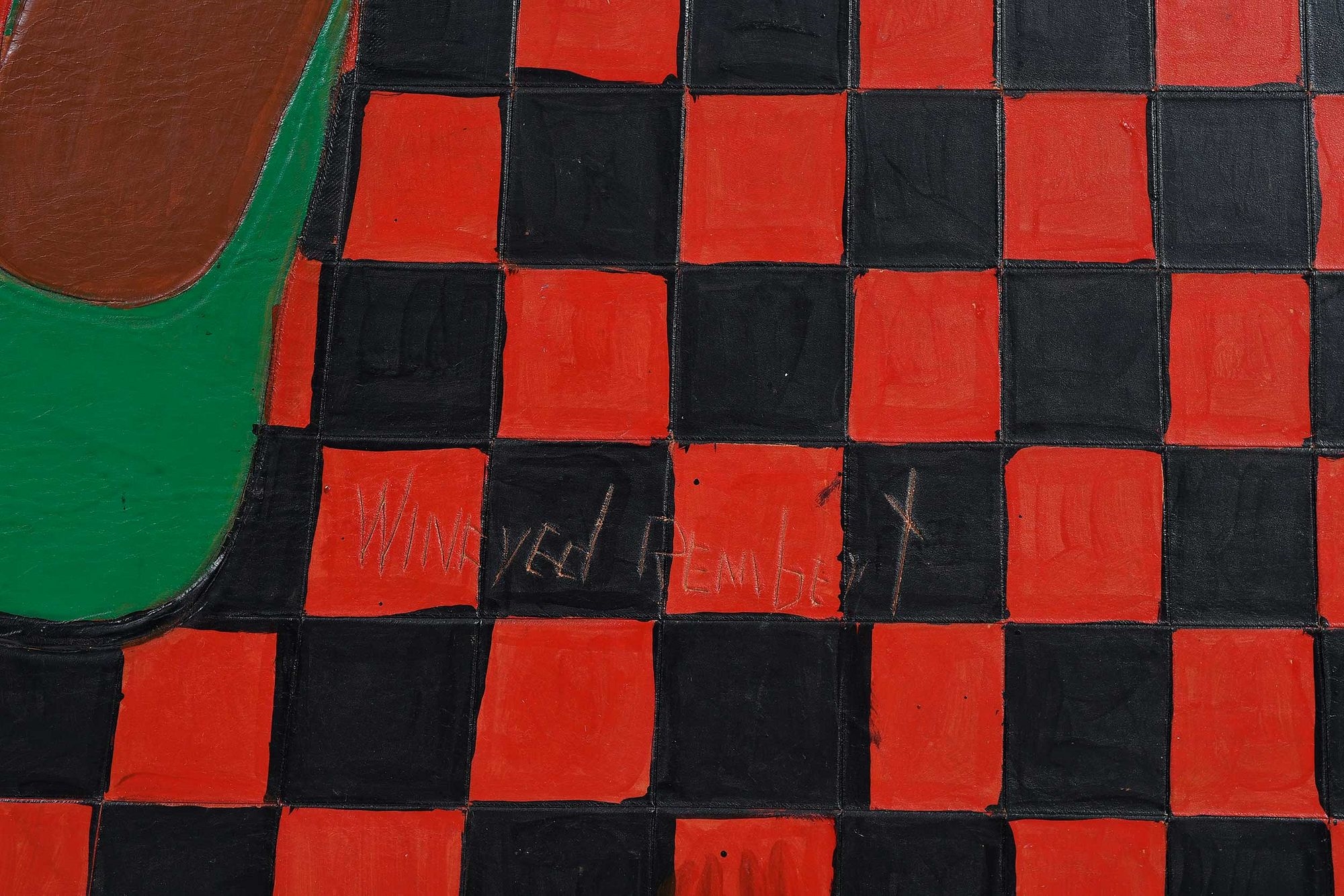 Artwork by Winfred Rembert, Patsy's Mother (Red and Green), Made of dye on carved and tooled leather,