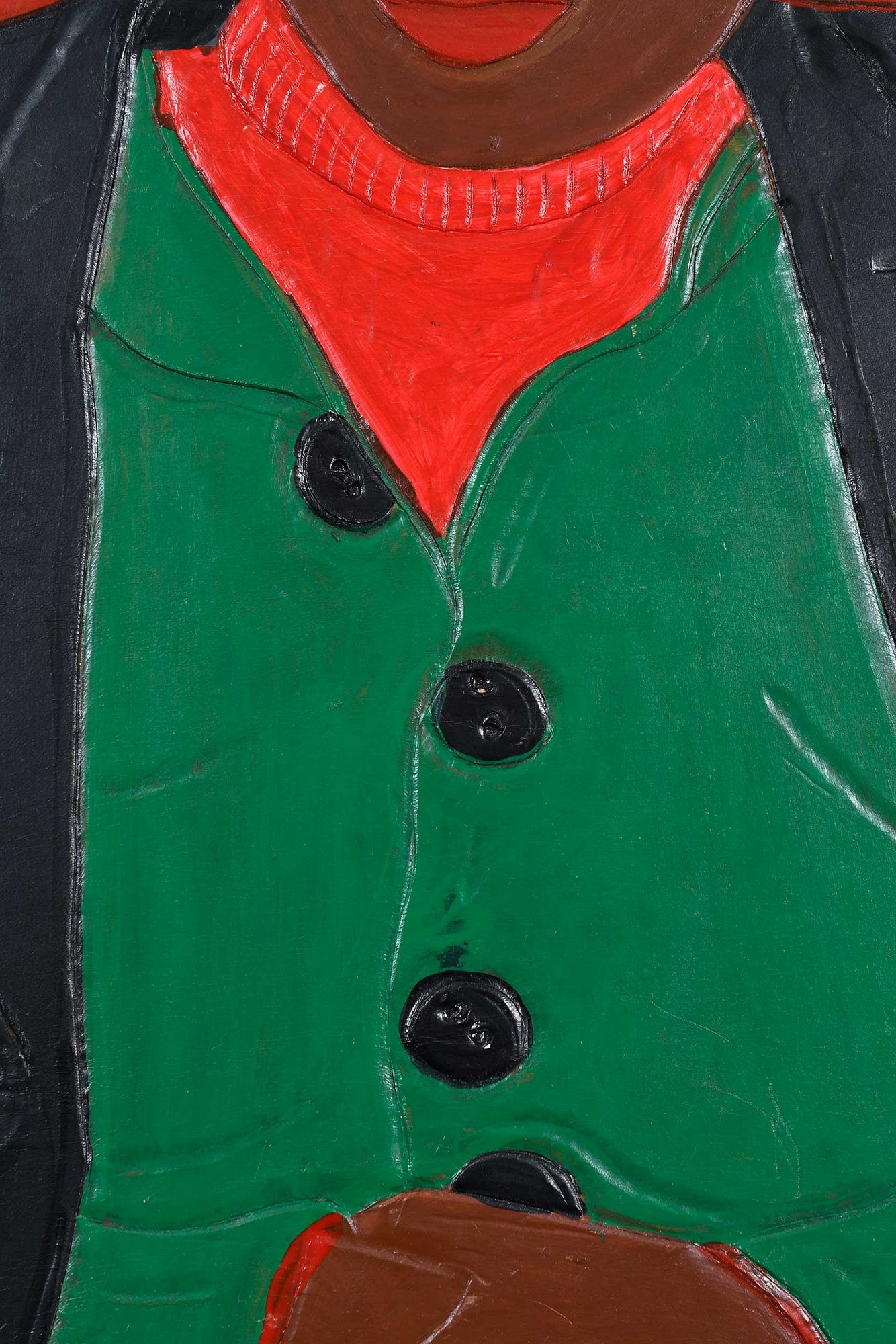 Artwork by Winfred Rembert, Patsy's Mother (Red and Green), Made of dye on carved and tooled leather,