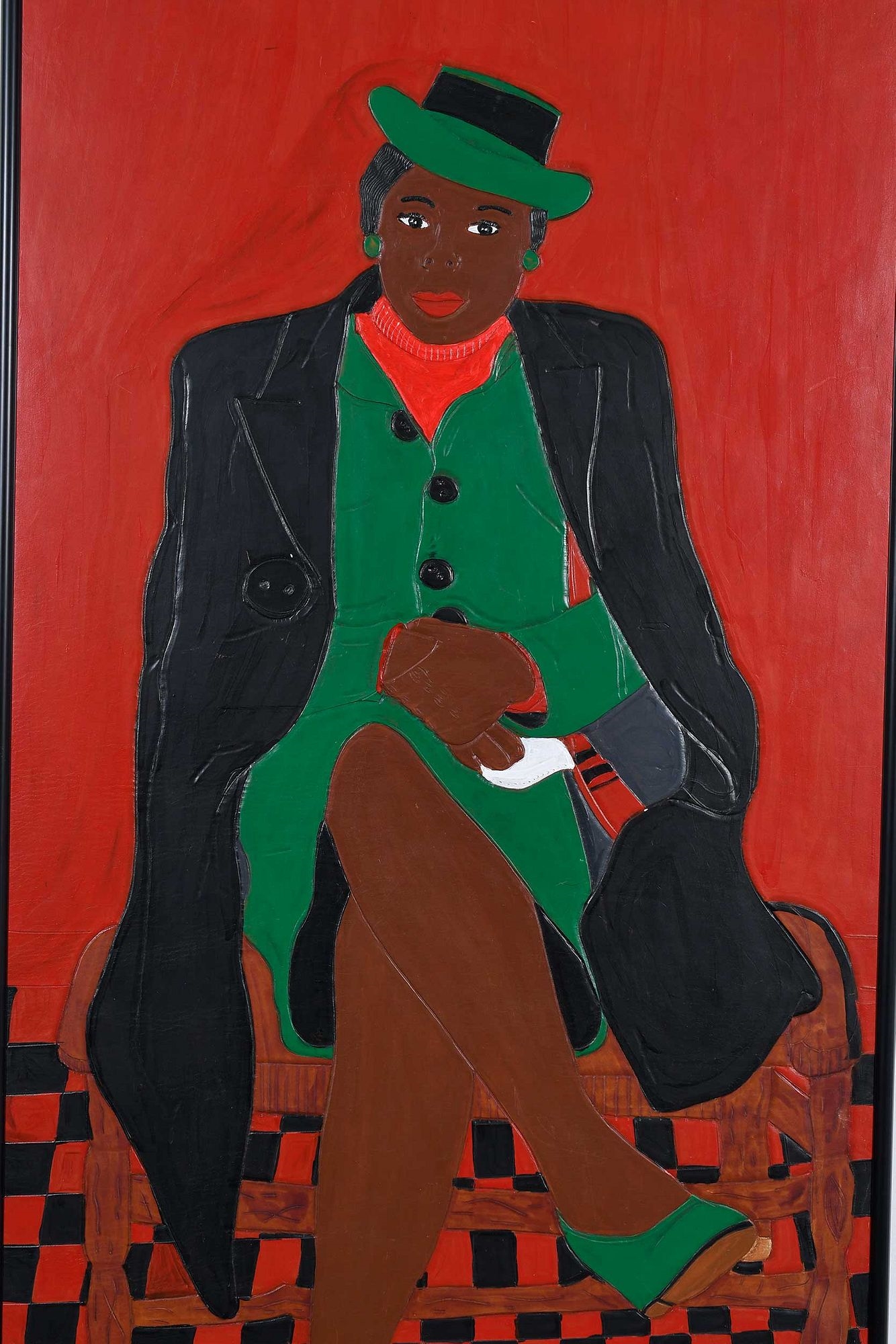 Artwork by Winfred Rembert, Patsy's Mother (Red and Green), Made of dye on carved and tooled leather,