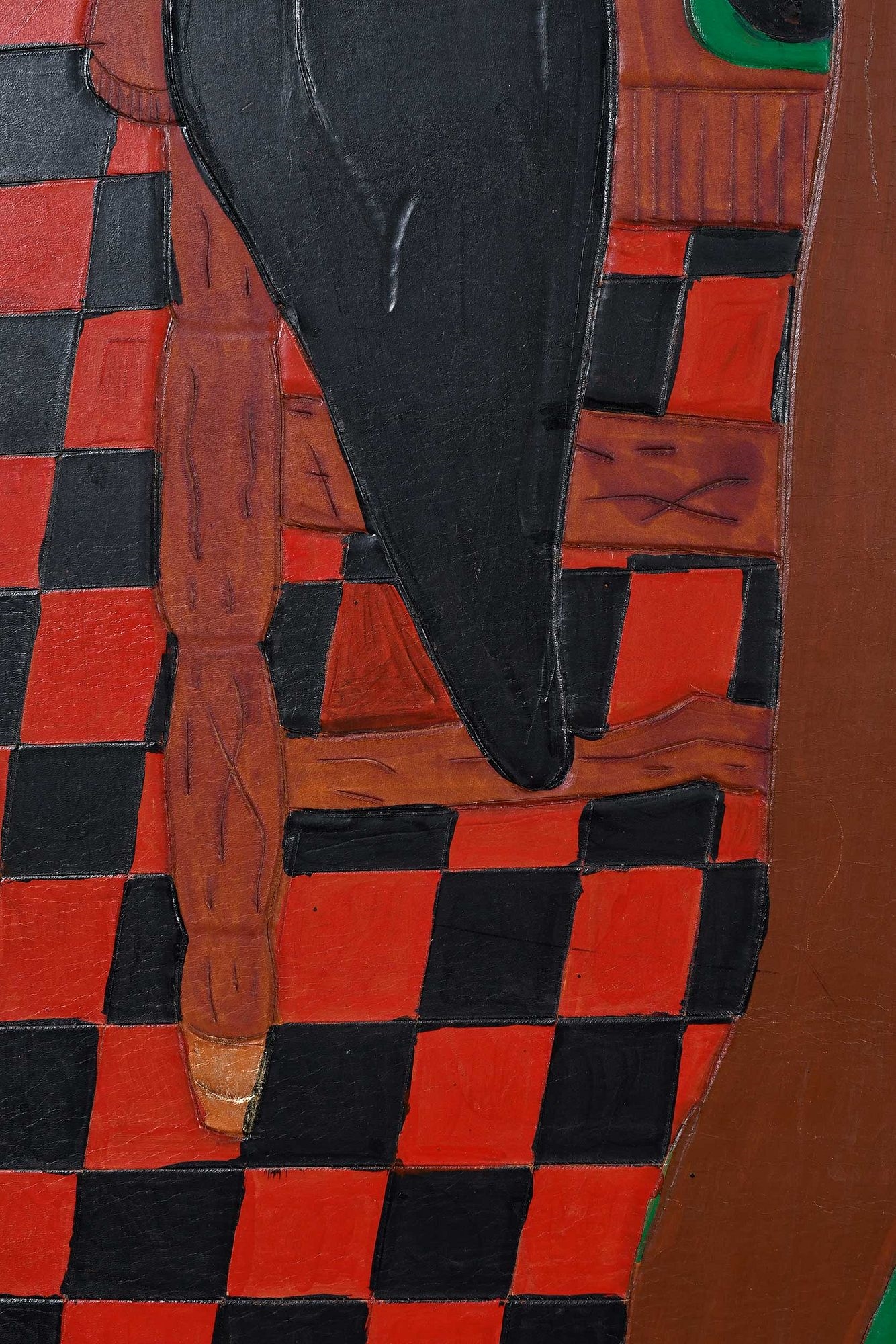 Artwork by Winfred Rembert, Patsy's Mother (Red and Green), Made of dye on carved and tooled leather,