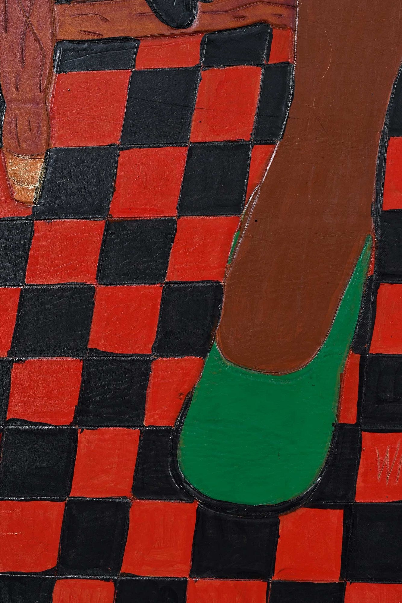 Artwork by Winfred Rembert, Patsy's Mother (Red and Green), Made of dye on carved and tooled leather,