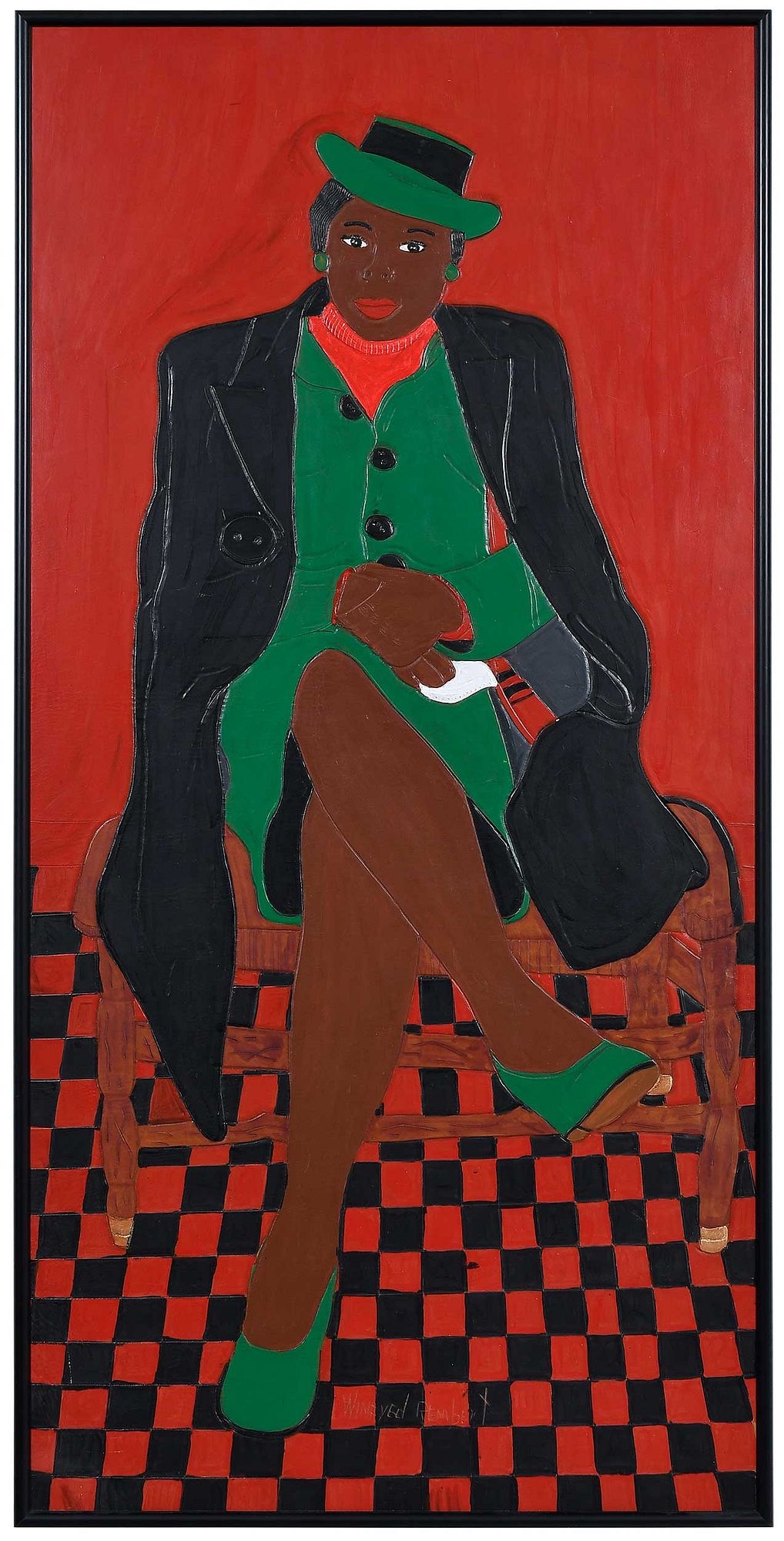Artwork by Winfred Rembert, Patsy's Mother (Red and Green), Made of dye on carved and tooled leather,