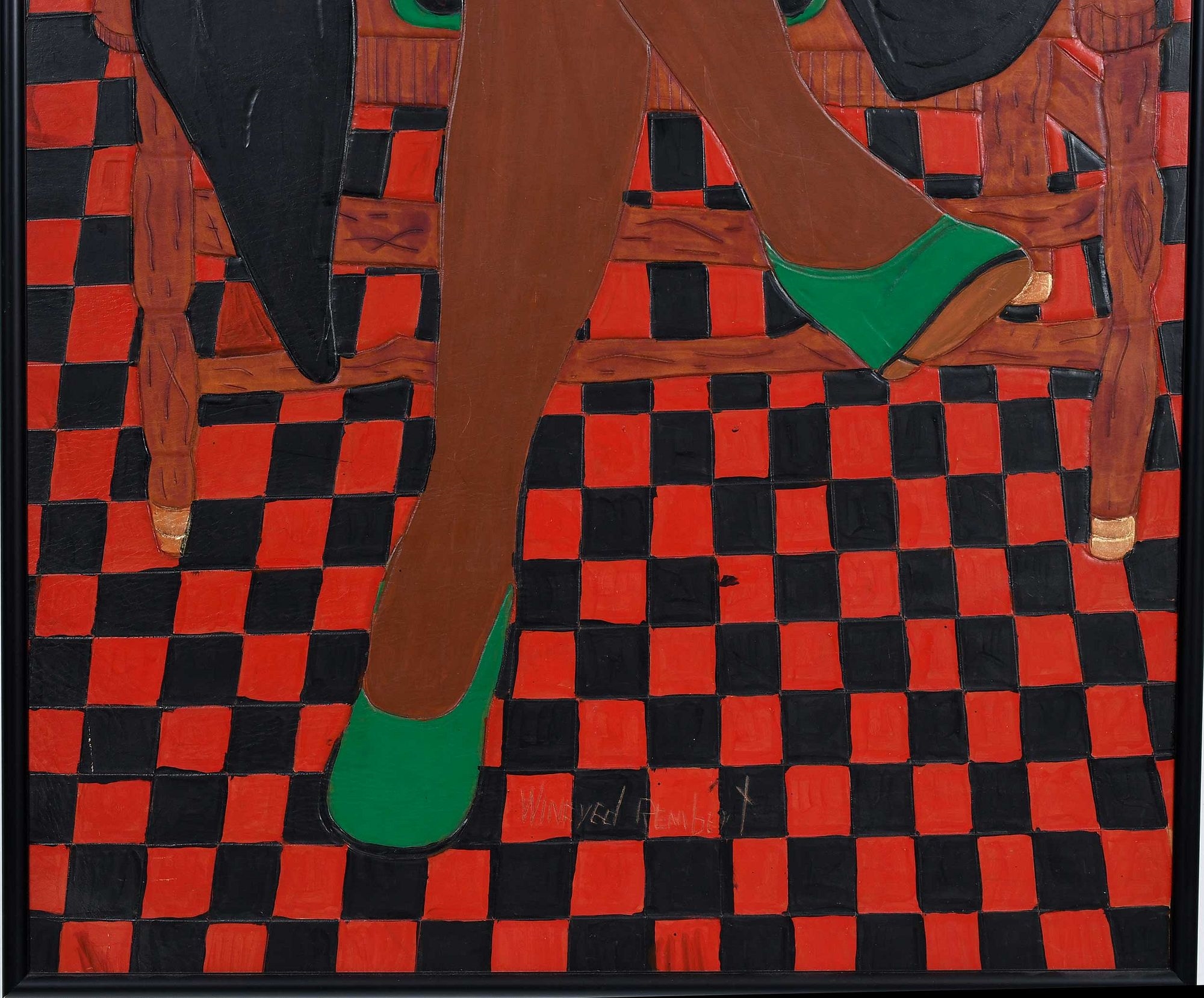 Artwork by Winfred Rembert, Patsy's Mother (Red and Green), Made of dye on carved and tooled leather,