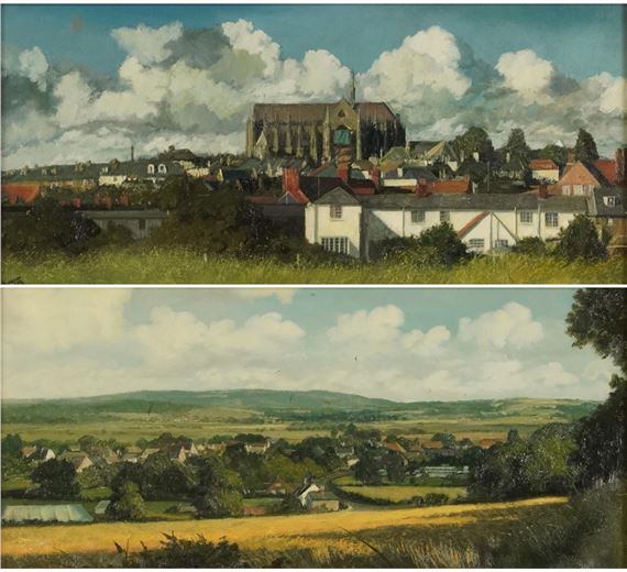 Amberley from Kithurst Hill and Arundel Cathedral by Oliver Ommanney