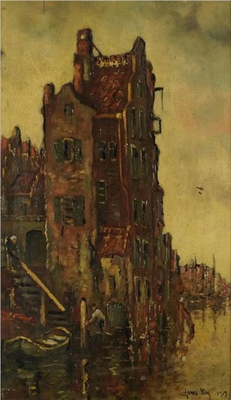 James Kay | River landscape with figures before buildings | MutualArt