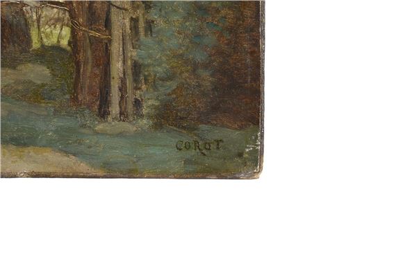 Jean Baptiste Camille Corot | FIGURE BY A FENCE IN A WOODED LANDSCAPE ...
