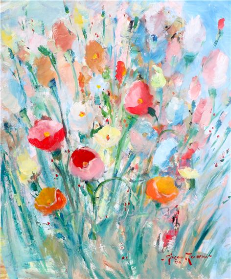 A vibrant poppy field rendered in loose, impressionistic brushstrokes.